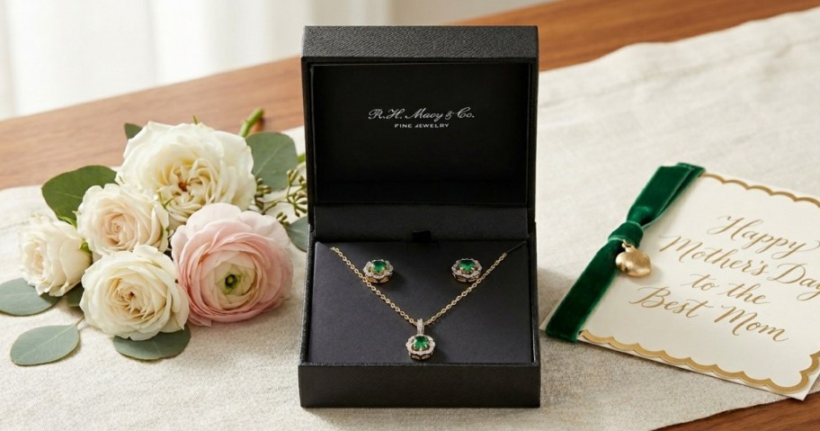 A jewelry set with green gemstones is displayed in an open black box. Beside it are pink and white roses, and a card reading "Happy Mother's Day to the Best Mom."
