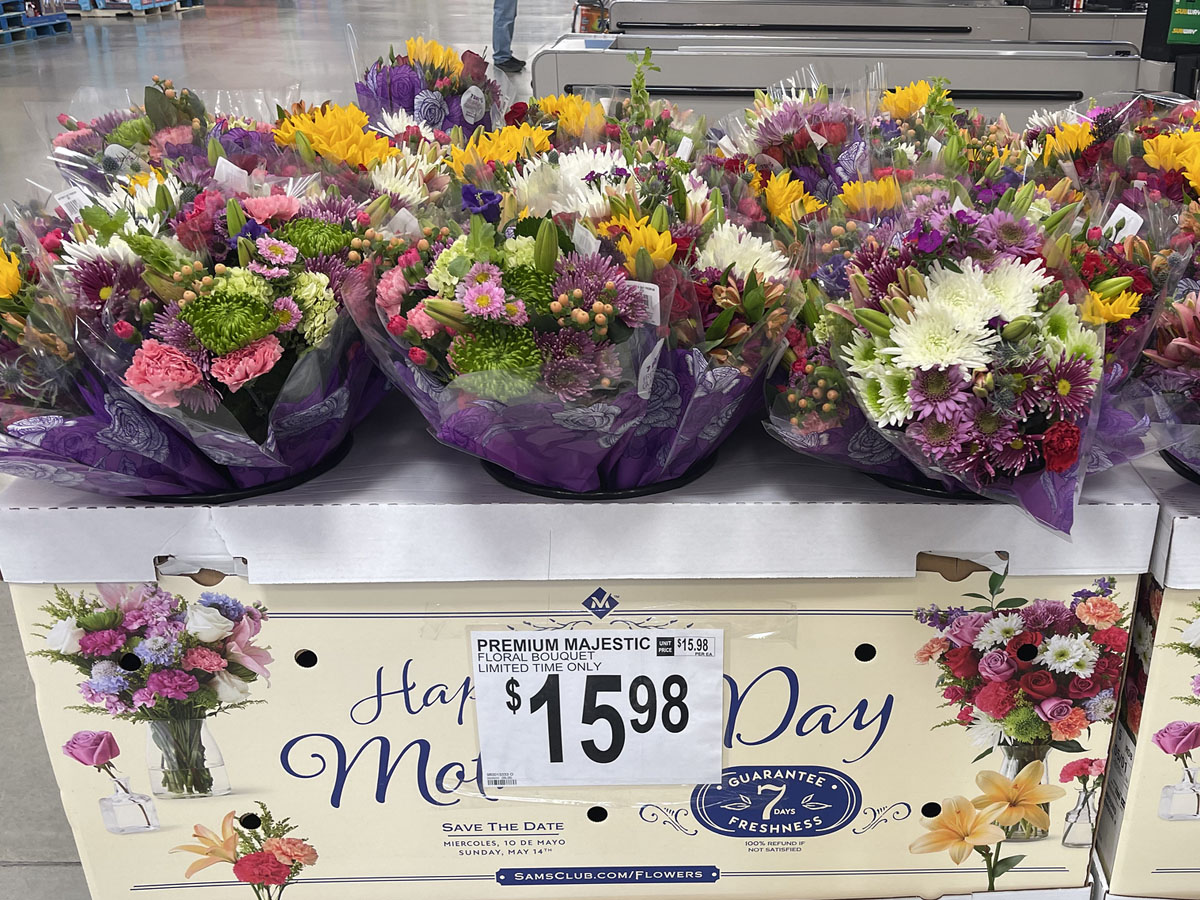 bouquets of flowers in mothers day display at sams