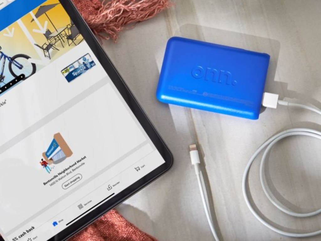 iPad with blue portable charger
