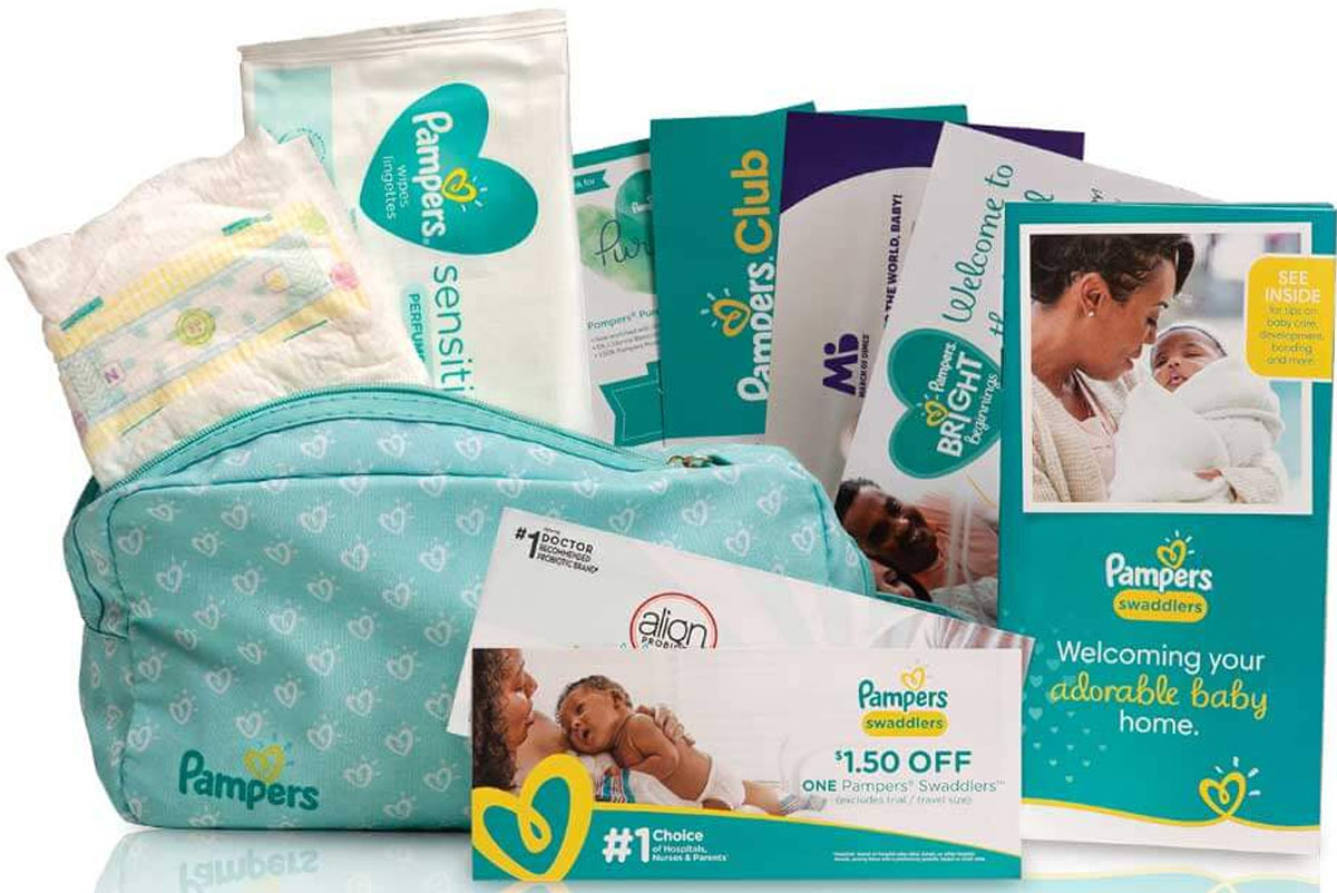pampers gift bags for moms with coupons, and wipes