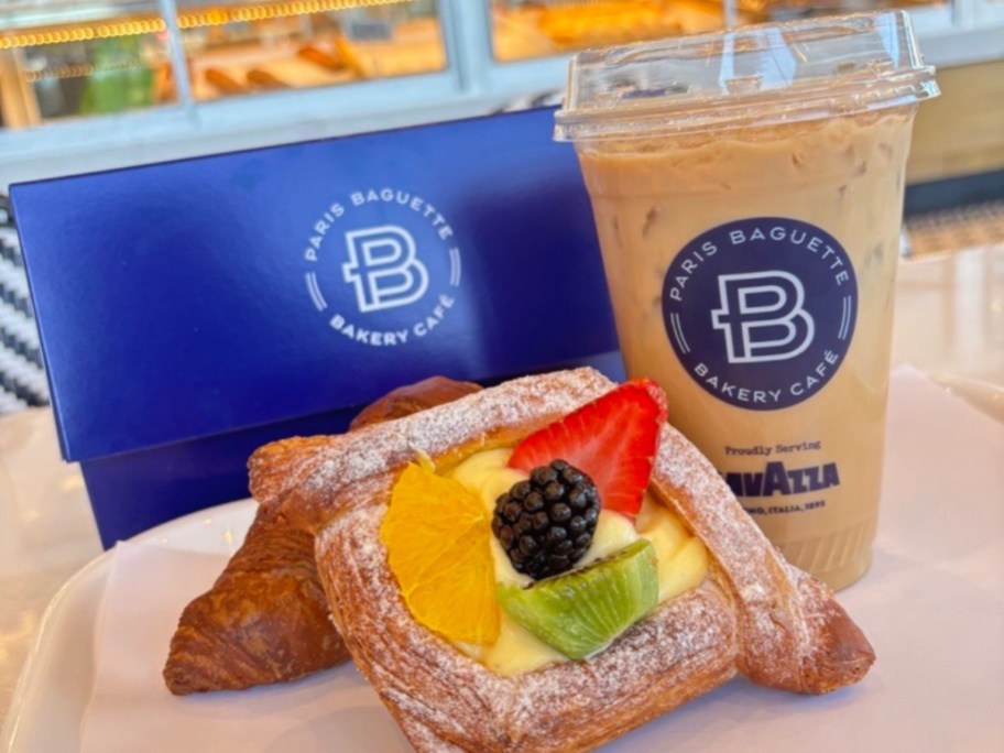 fruit tarte next to iced coffee from Paris Baguette