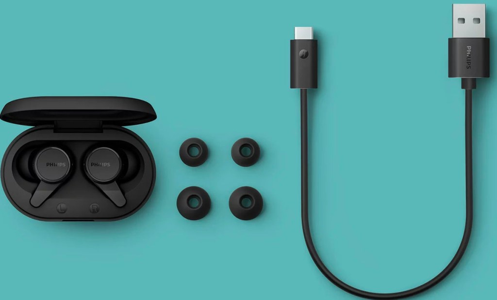 phillips wireless earbuds, case and charger