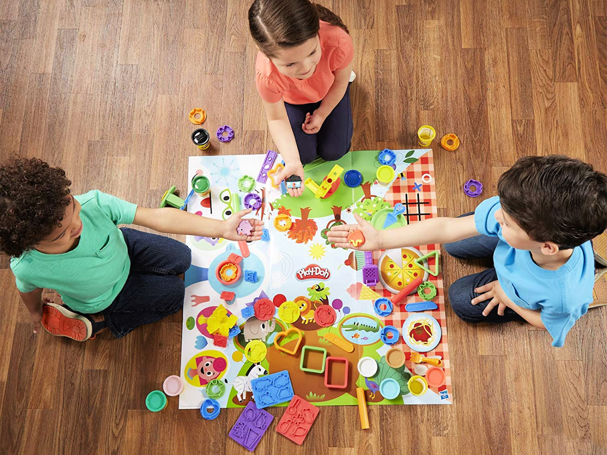 kids playing around a play doh play date party crate