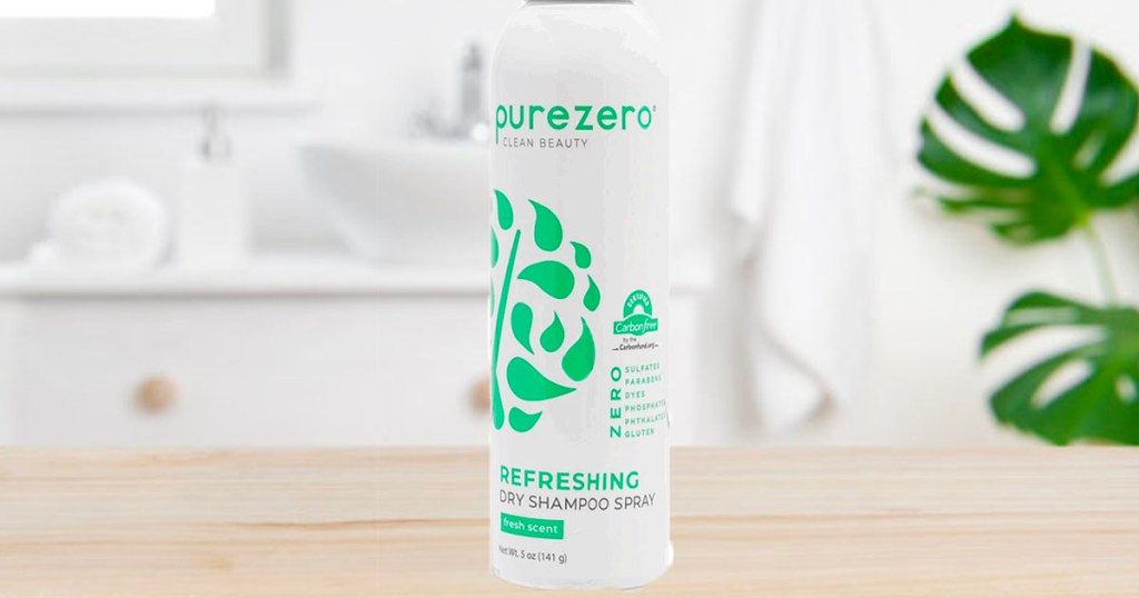 purezero dry shampoo on bathroom counter