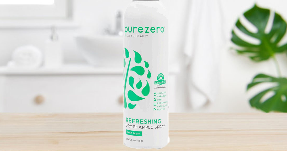 purezero dry shampoo on bathroom counter
