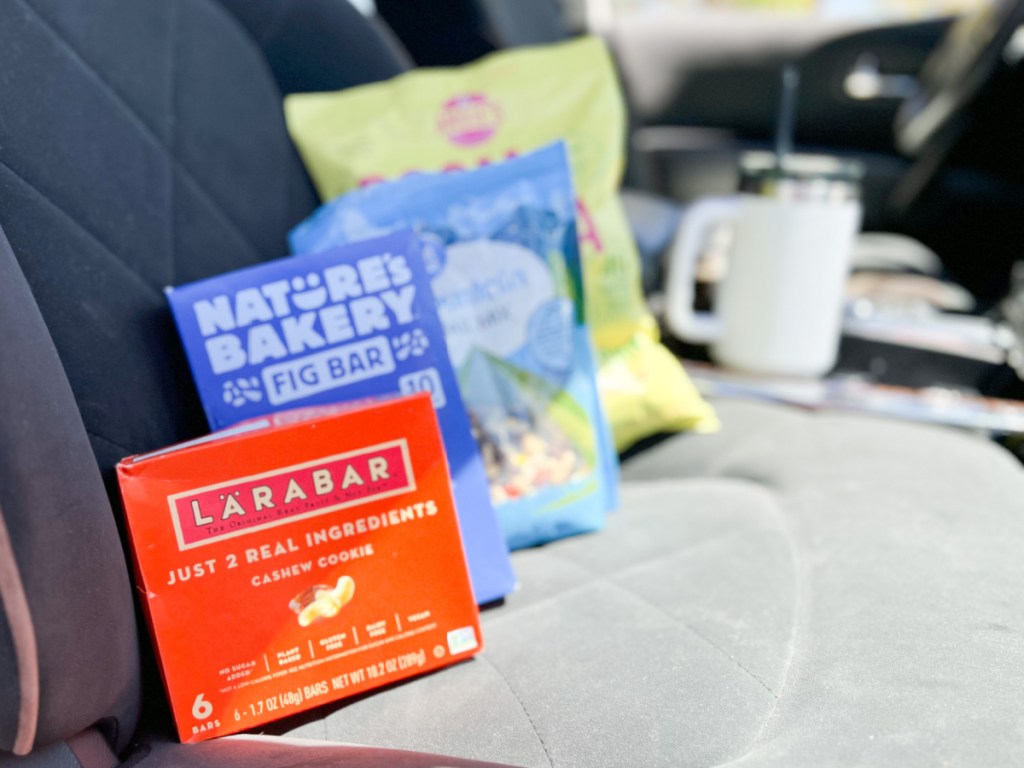 snacks in front seat of car
