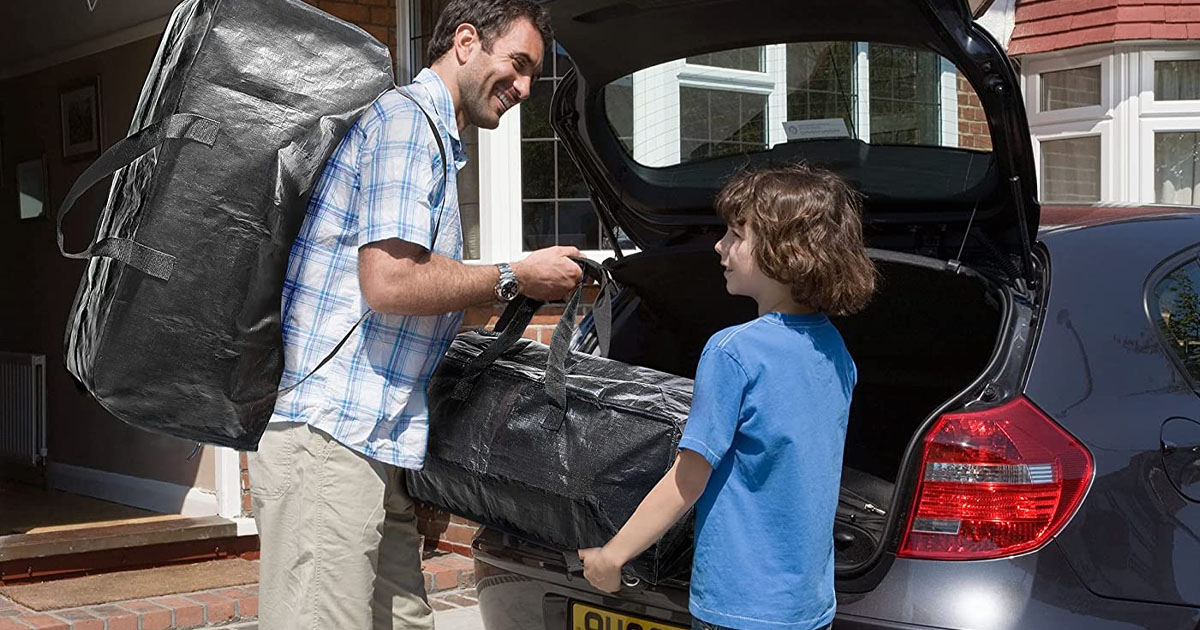 man holding large storage tote on bag and handing another one to son in front of car