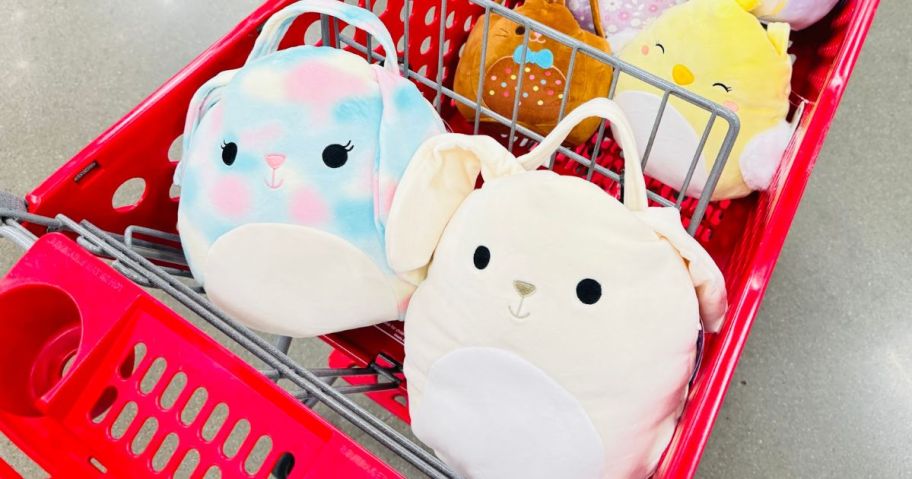 two bunny squishmallows easter baskets in cart in store