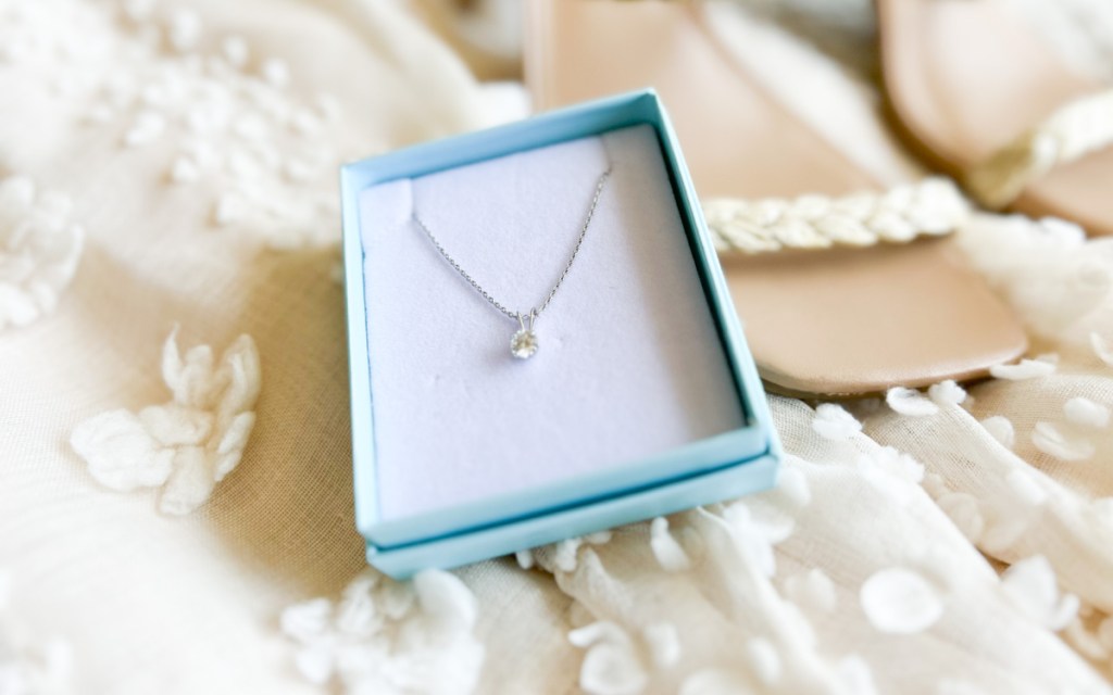 moissanite necklace in opened gift box