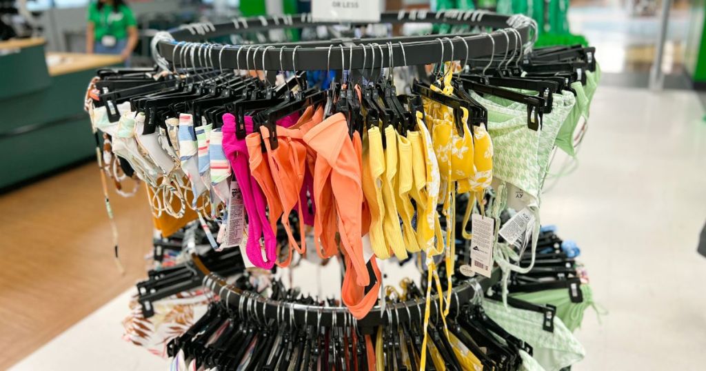 circle rack of swimsuits in store