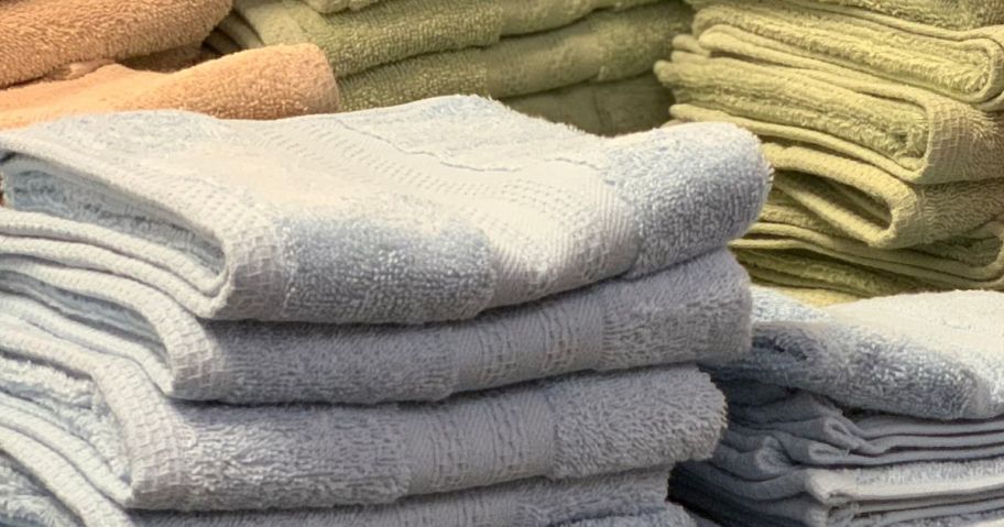 bath towels stacked in store at macy's
