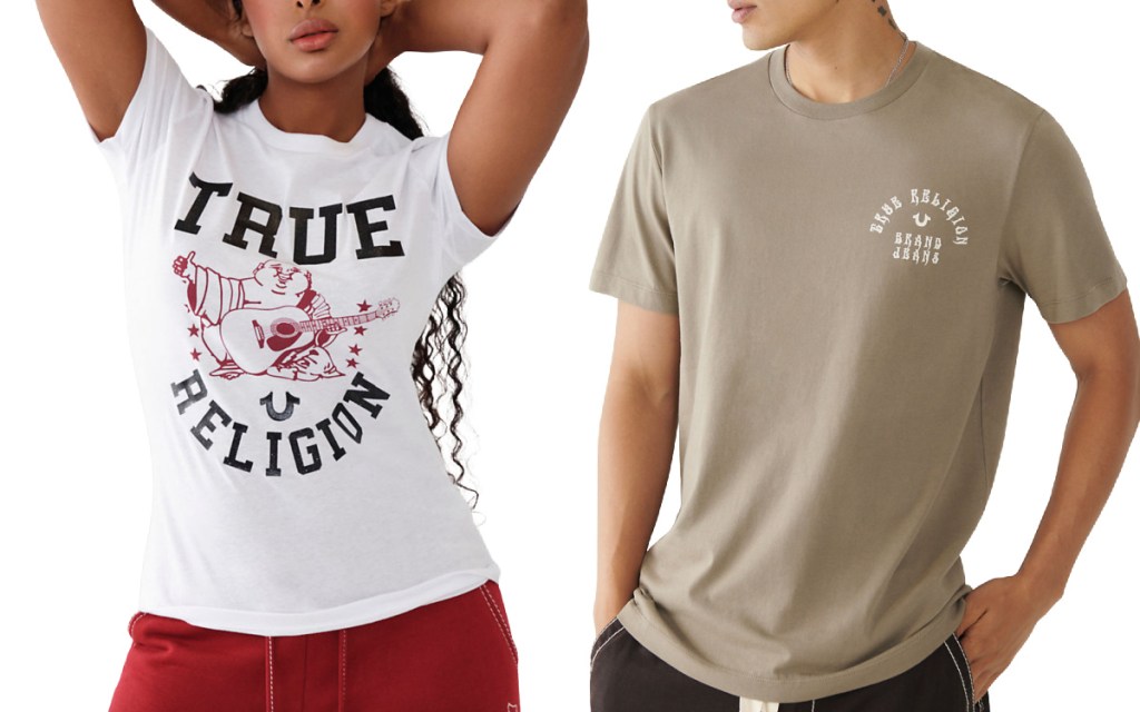 man and women in true religion t shirts