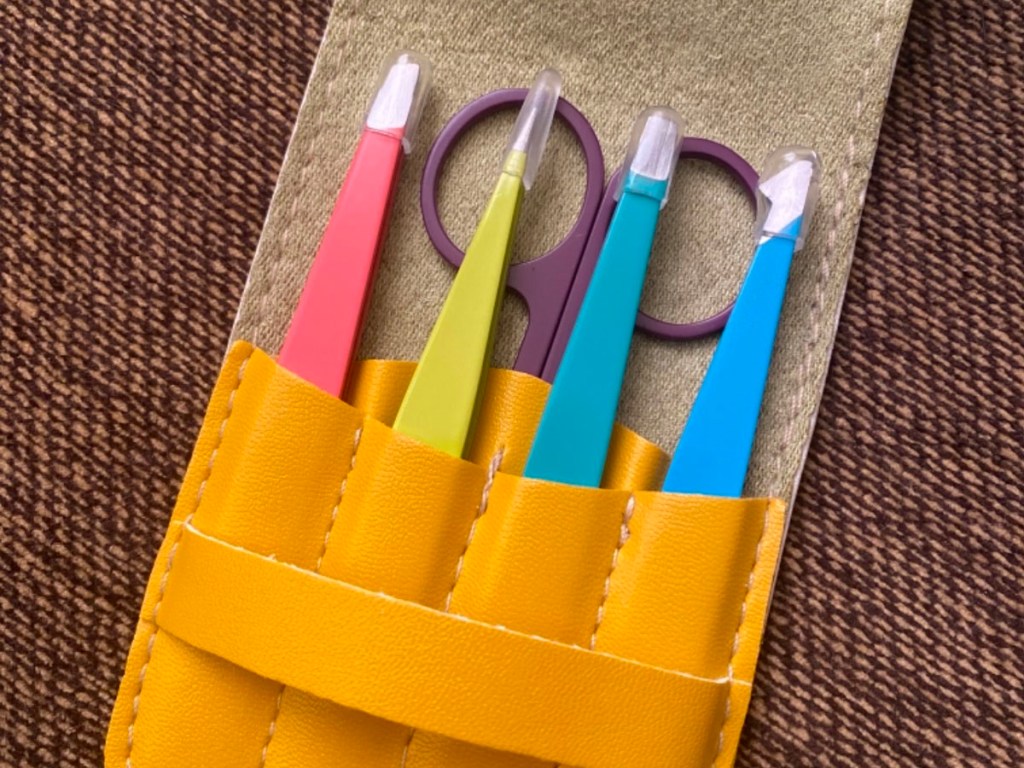 yellow tweezers kit with 4 tweezers and scissors