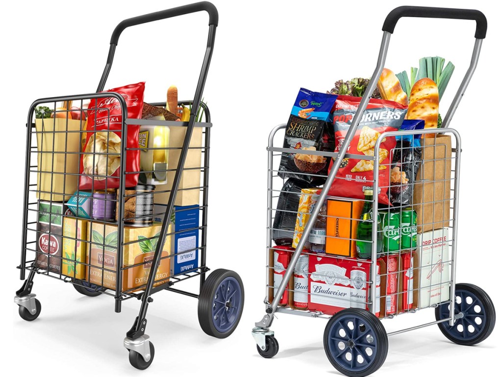 two Pipishell Shopping Cart with Dual Swivel Wheels filled with groceries