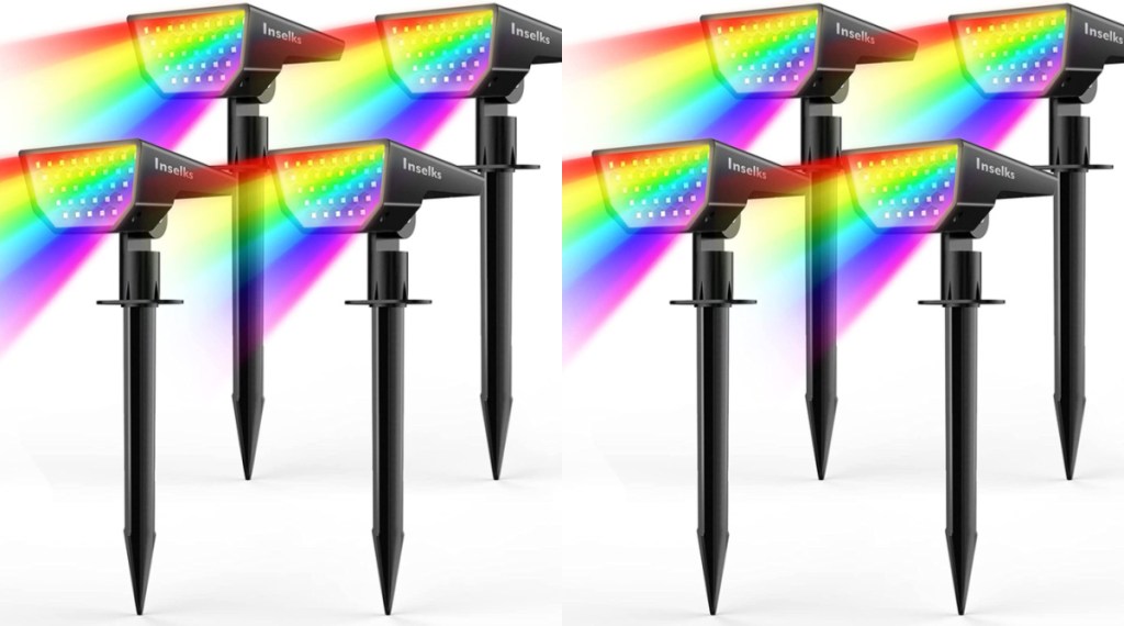 two stock images of Inselks Solar Outdoor Lights 4 Pack in multicolor