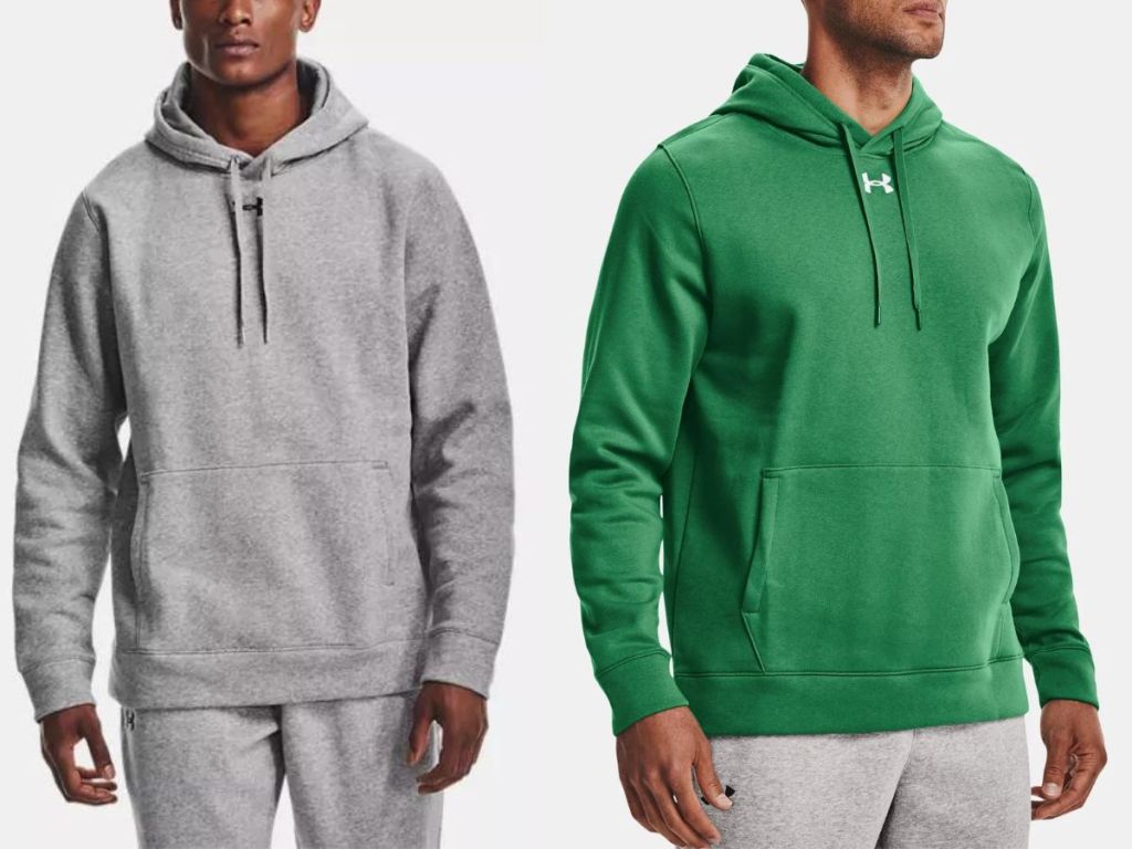 man wearing gray UA hoodie and man wearing green UA hoodie