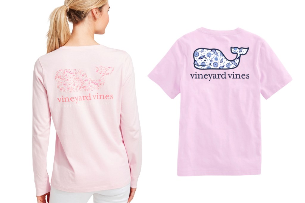 womens long sleeve and short sleeve pink shirts with whales on back