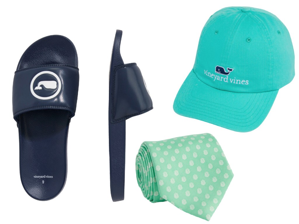 navy slides palm tie and teal baseball hat