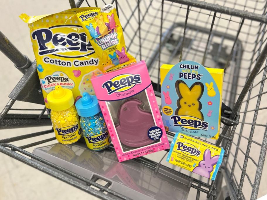Walgreens shopping cart filled with various Peeps Easter candy items
