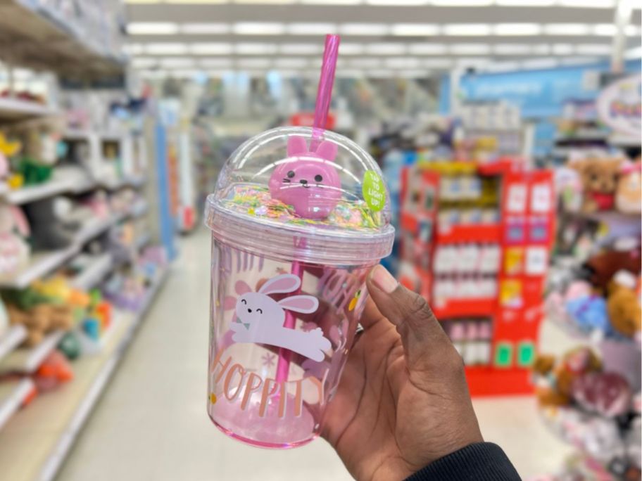 Easter Bunny Light Up Dome Cup Pink in person's hand