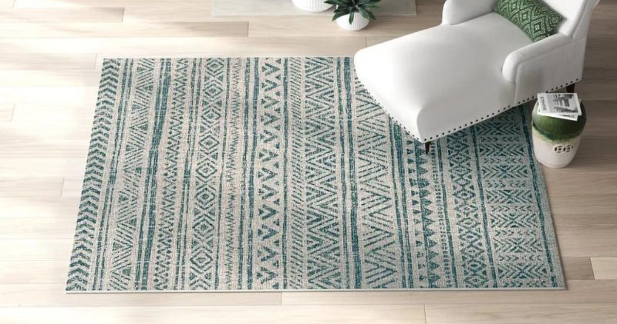 Aqua/Gray patterned area rug on wood floor in living room