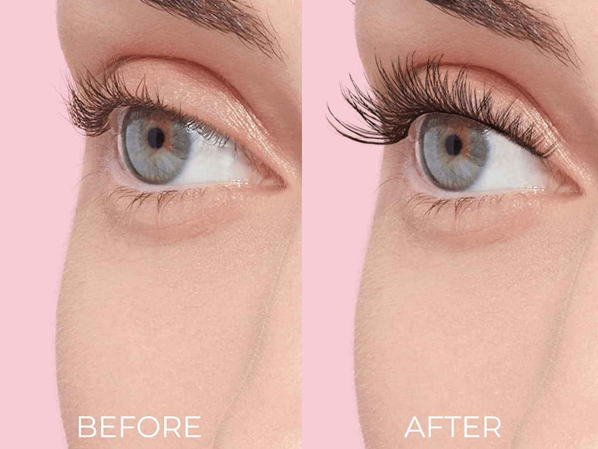 woman wearing KISS imPRESS Press-On Falsies Eyelash Clusters Kit before and after pictures