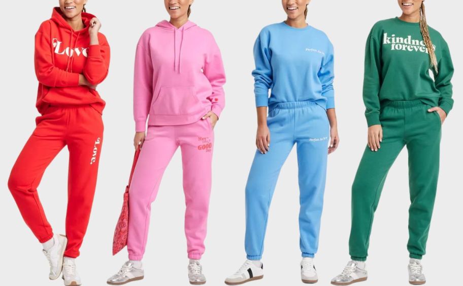 4 women wearing sweatshirts and joggers in 4 different colors