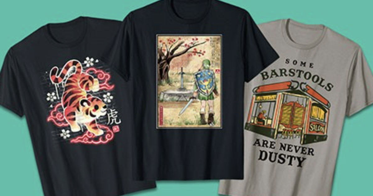 three graphic tees, tiger, zelda, and barstools on green background