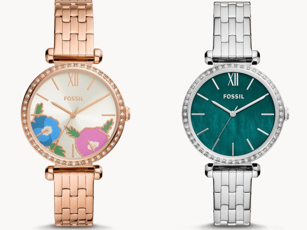 two Fossil Tillie Watches, one rose gold with flowers on the face and one silver with an emerald green face