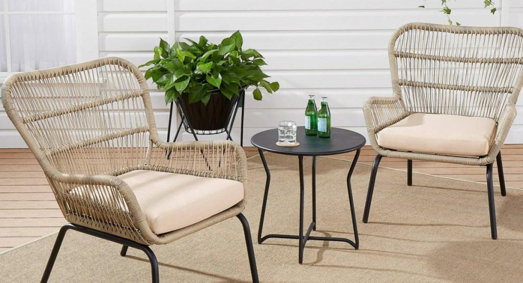 3 Piece Wicker Chat Set displayed in outdoor space