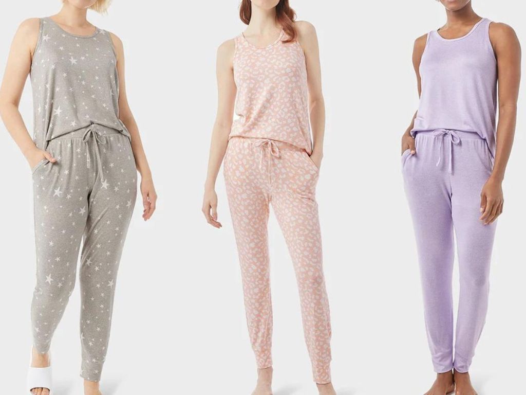 3 women wearing 32 Degrees 2-piece pajamas