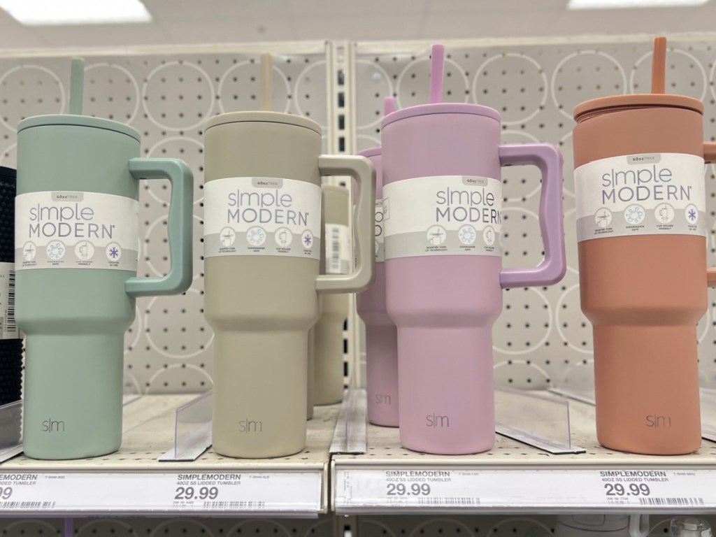 4 colorful simply modern tumblers displayed at the store