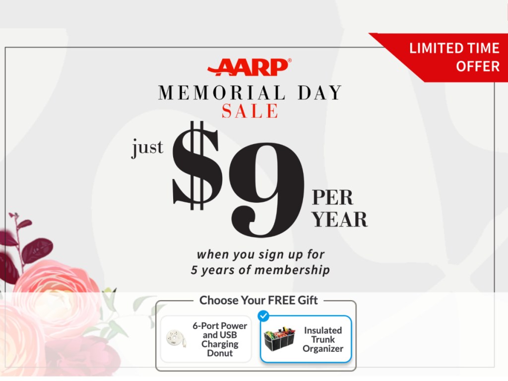 AARP Memorial Day Sale featuring $9 pricing and free gifts