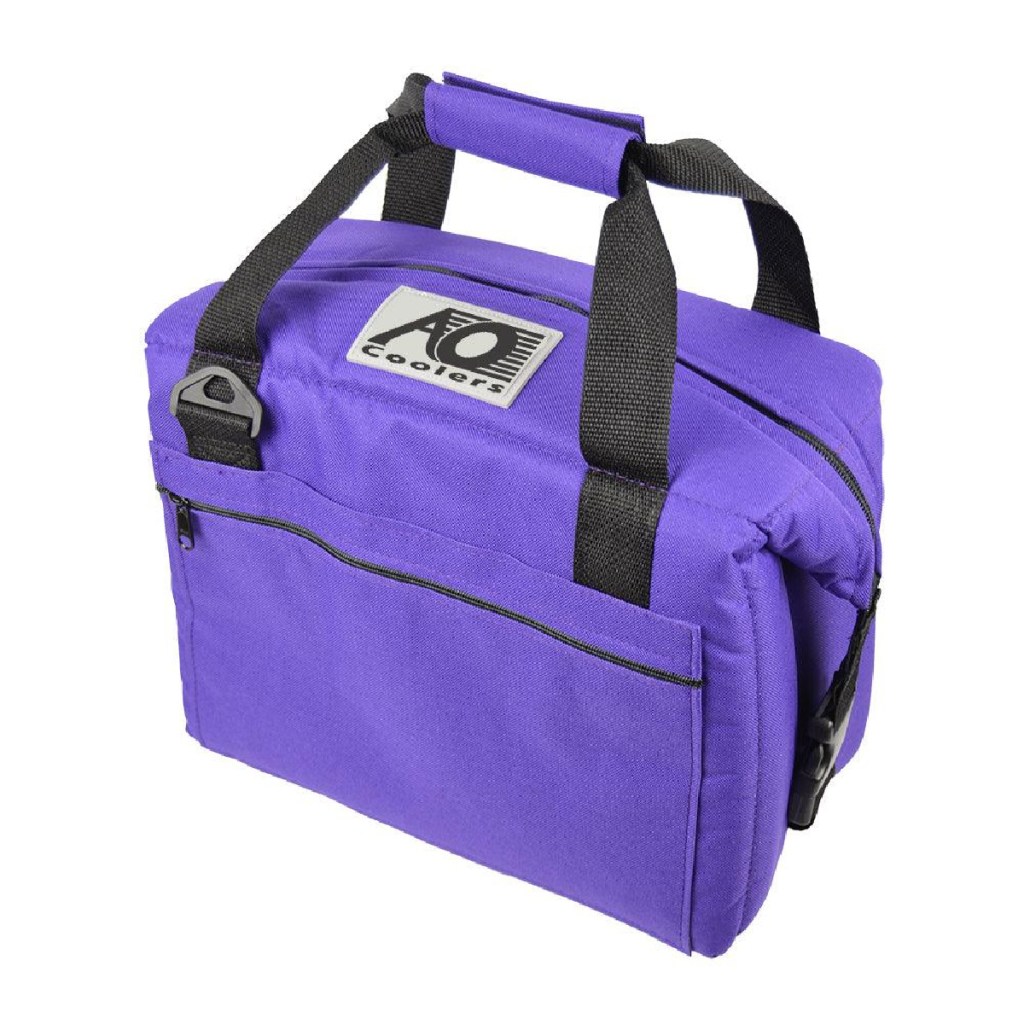 a purple AO Cooler bag that is similar to Yeti cooler bag but has a lifetime warranty