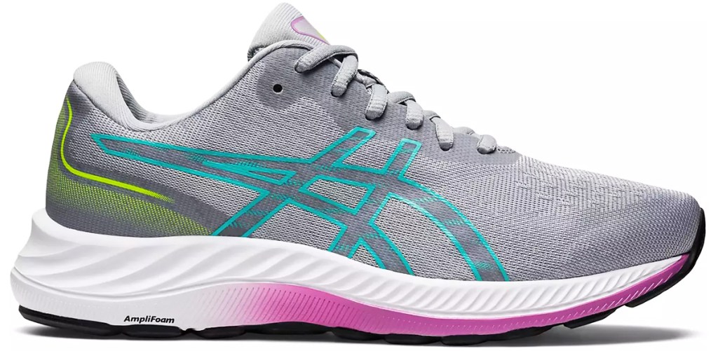 grey, teal, purple, and green asics running shoe