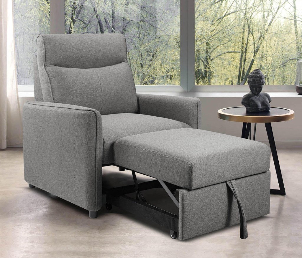 Grey chair with pullout ottoman