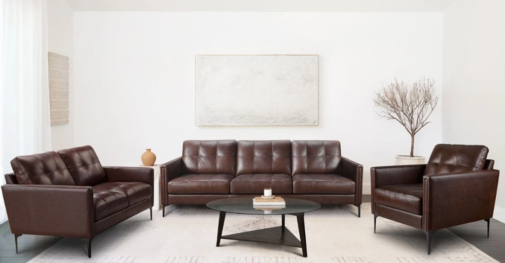 Three piece brown leather couch set