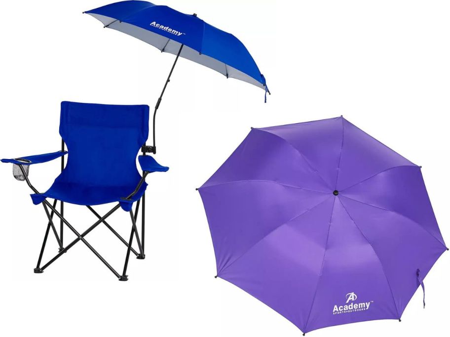 Stock images of an Acadademy Sports Clip on Umbrella attached to a chair and of jus the umbrella