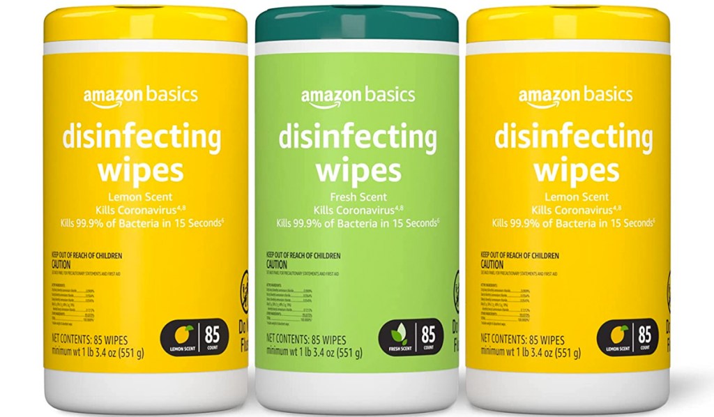 yellow and green containers of Amazon Basics Disinfecting Wipes