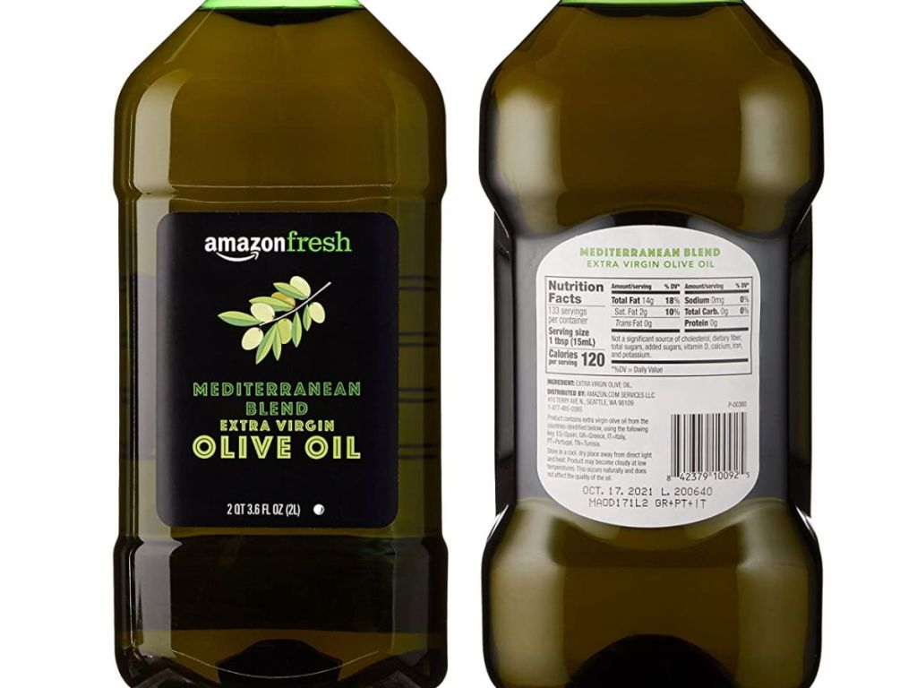 2 Extra Virgin Olive Oil Bottles Front and Back with Nutrition info