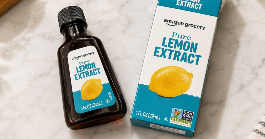 bottle and box of Amazon Grocery Pure Lemon Extract on a counter