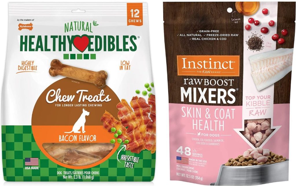 Bag of Natural Healthy Edibles Treats and a bag of Instinct Raw Boost Food Toppers