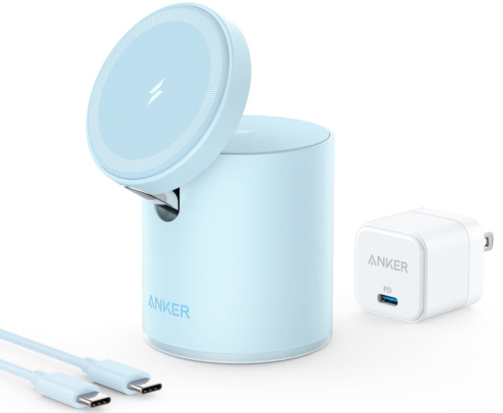 round blue wireless charger, charging cable, and wall plug
