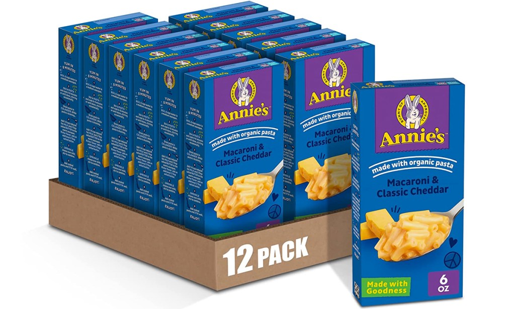 12 blue boxes of Annie’s Classic Cheddar Macaroni & Cheese