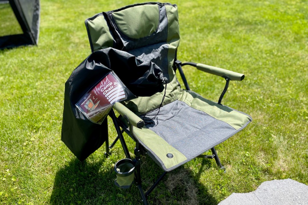 Heated camp chair by Backyard Expressions set up in the lawn