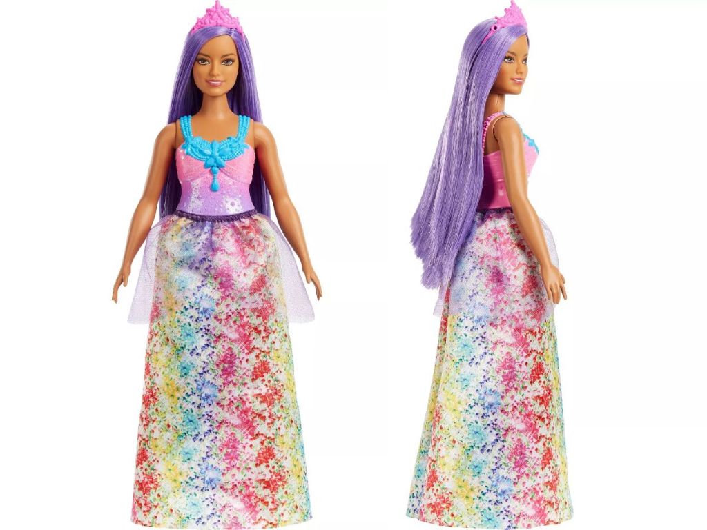 A Barbie doll with long purple hair in a rainbow dress