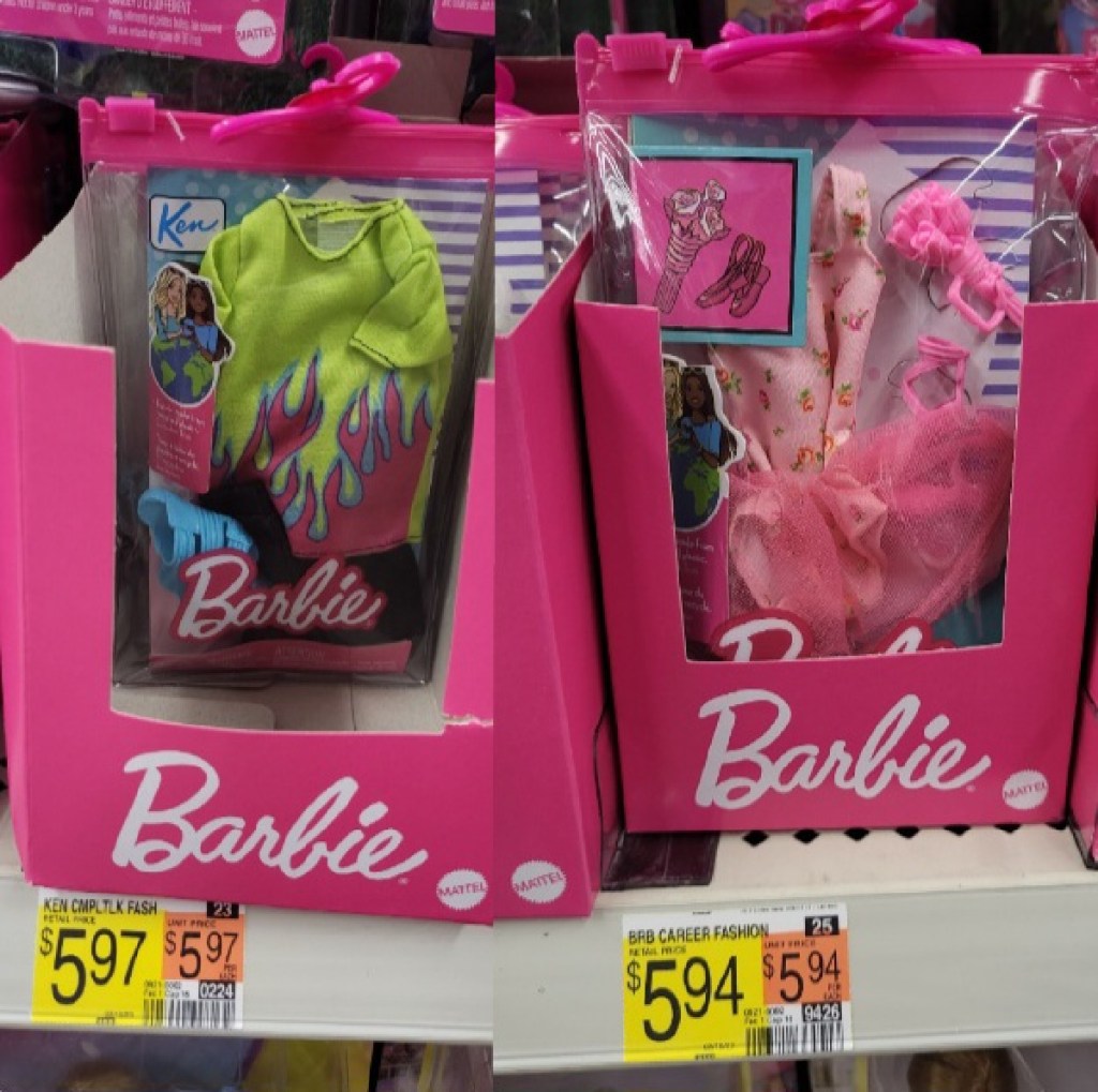 Barbie outfits next to Walmart price tags