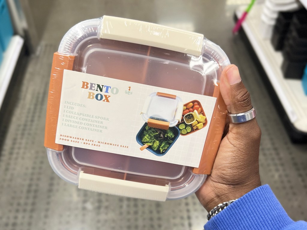 hand holding a brown and blue Bento Box set