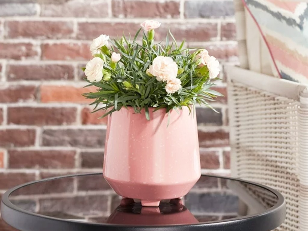 flowers in a pink planter on a round patio side table