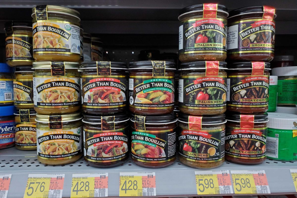 jars of Better than bouillon on a store shelf 